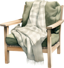 Green, wooden armchair with blanket. Generative AI.