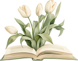 Beige tulips on a book. Generative AI.