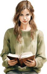 Beautiful girl in a green sweater, holding a book. Generative AI.