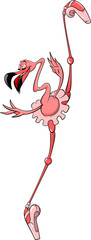 Illustration of a happy cute and funny flamingo ballerina character, lifting her leg in a dancing movement, wearing ballet tutu and ballet point shoes on a transparent background © Anastasia