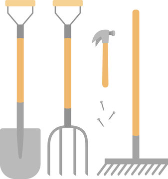 Vector clipart with gardening tools. Shovel, pitchfork, rake, hammer and nails