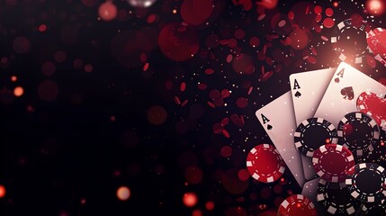 Elegant casino concept with poker cards and chips. perfect for gaming, gambling and luck themes. vibrant red bokeh background. AI