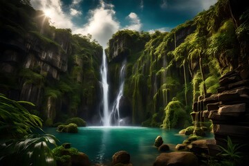 A majestic, cascading waterfall framed by lush greenery and dramatic cliffs in a secluded paradise.