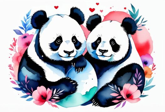 Two cute Cartoon Pandas on a beige background