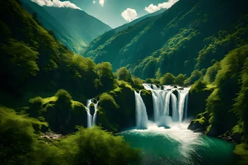 Keuken spatwand met foto A panoramic vista capturing the beauty of cascading waterfalls against a backdrop of vibrant, green mountainous terrain. © WOW