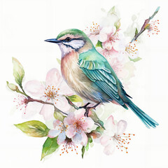 a bird sitting on a branch of a tree with flowers and leaves in the background, watercolor painting, generative ai