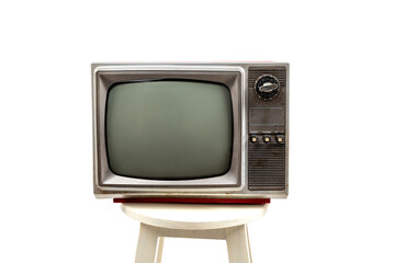 Retro old television receiver on wood chair isolated on white background, vintage TV old-fashioned
