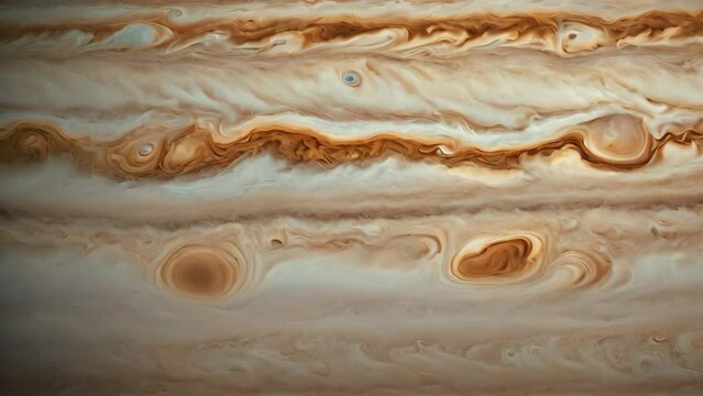 a detailed and factual close-up view of the surface of a planet, showcasing its geological features and formations, A close-up video of Jupiter's colorful storms, AI Generated