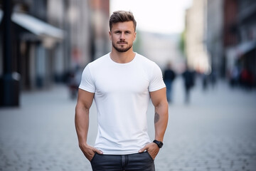Fototapeta premium Plain white t-shirt mockup design. Portrait of men on urban background. Front view.