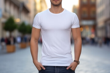 Fototapeta premium Plain white t-shirt mockup design. Portrait of men on urban background. Front view.