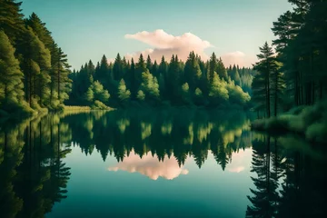Wall murals Reflection A serene, pastel-colored sky reflected in the calm waters of a tranquil lake surrounded by lush, green forests.