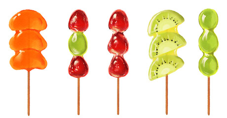 Hu Lu Tang Strawberries coated with sugar sweet red jelly candies Strawberry candy Hand drawn illustration on a transparent background