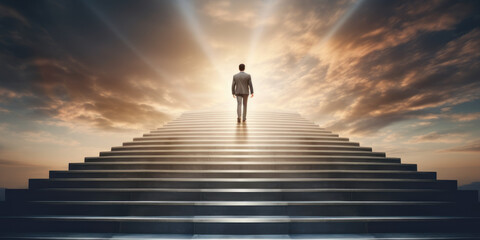Fototapeta na wymiar Ascending Ambition Businessman Merged with Stairs Embodying Journey to Corporate Triumph