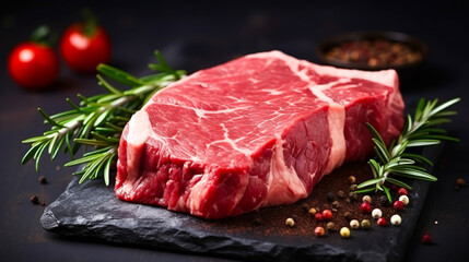 Obraz premium Raw steaks with marbling and rosemary sprigs rest on a black stone platter. Placed on the table ready to be cooked.