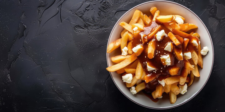 Classic Canadian Poutine with Cheese Curds and Gravy. Traditional Canadian poutine featuring crispy fries topped with cheese curds and rich brown gravy, copy space.