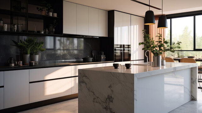 Front view of a modern designer kitchen with smooth handleless cabinets with black edges, black glass appliances, a marble island and marble countertops