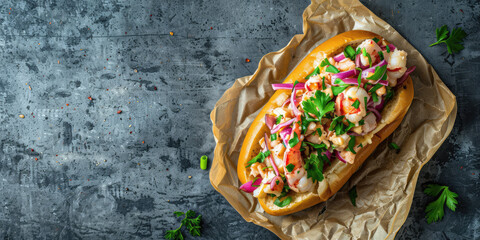 Deluxe Lobster Roll Sandwich. Fresh lobster roll loaded with succulent lobster meat on a bed of crisp lettuce, served on a toasted bun. - obrazy, fototapety, plakaty