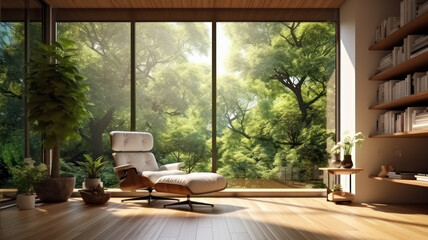 Fototapeta premium Modern interior space with nature view large window look out to see the garden view,sunlight shining into the room