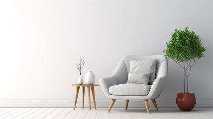 Modern minimalist interior with an armchair on empty white color wall background
