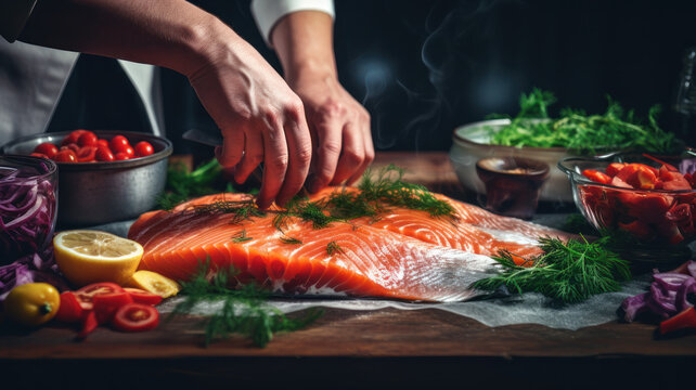 Sea cuisine, Professional cook prepares pieces  red fish, salmon, trout with vegetables.Cooking seafood, healthy vegetarian food  food dark background