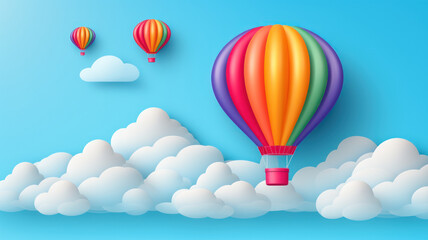 hot air balloon, cloud and rainbow  blue sky background