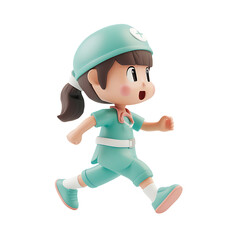 Nurse character running on transparent background PNG 3d rendering