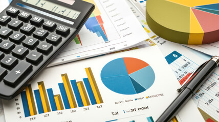 Business finance, tax, accounting, statistics analytic research concept office calculator, bar graph pie diagram pen  financial reports  clipboard isolated  white background