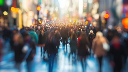 Blurred and Unrecognizable Crowd in a Busy Urban Street Scene, Capturing the Hustle and Bustle of City night Life