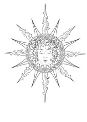 Black and white drawing, png transparent background, flash tattoo art, sun, helios