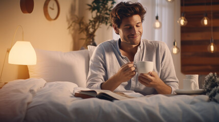 Relaxed woman and man sitting on bed with a cup of coffee and digital tablet