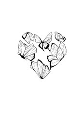 Black and white butterfly drawing, png transparent background, flash tattoo art, heart