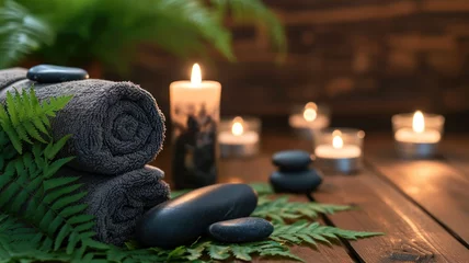 Foto auf Acrylglas Spa Towel fern candles black hot stone wooden background spa treatment relax concept copy spa