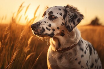 Dog Looking Around in Grass Field at Sunset