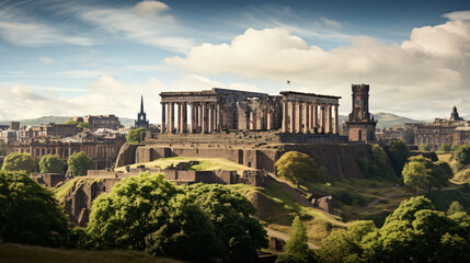 Roman ruins and castle on top of Calton Hill.
