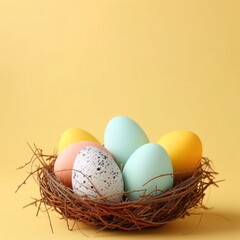 Naklejka na ściany i meble Easter pastel colorful eggs in nest on yellow background. Greeting card with copy space