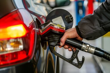 A close up image of a hand filling up a car with gas at a gas station