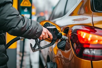 A close up image of a hand filling up a car with gas at a gas station - obrazy, fototapety, plakaty