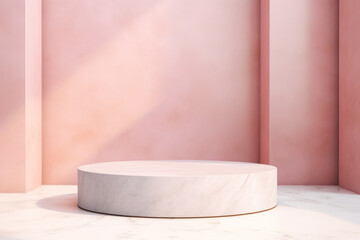 White marble podium on the pink background with Sun rays, with sunlight and shadows. Podium for product, cosmetic presentation. Creative mock up. Pedestal or platform for beauty products.