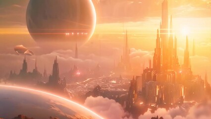 Alien city on an extraterrestrial planet, with futuristic buildings, satellites, and clouds at sunset. Science fiction cityscape animation
