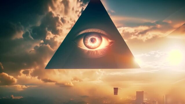 Conspiracy theory animation: Ominous and mysterious wallpaper with the Illuminati symbol featuring the eye of God in a triangle, and a landscape with a city and clouds in the background at sunset