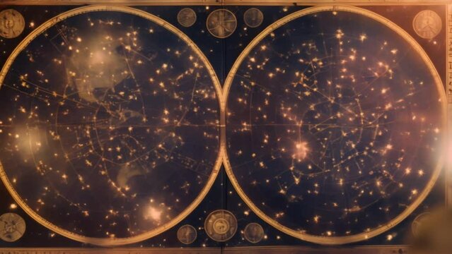 Animation of ancient star map with an old representation of constellations and stars, adorned with golden symbols of medieval astrology, and phases of the moon and celestial bodies