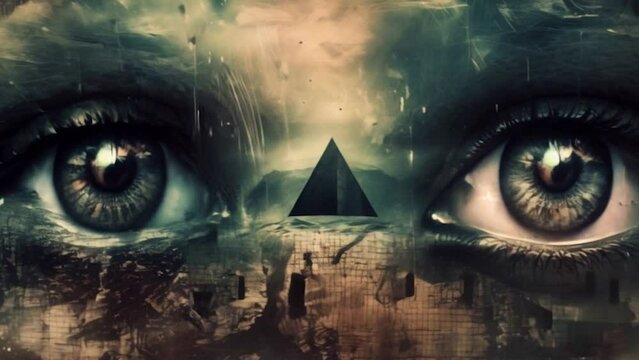 Animation or a prophecy or nightmare. Eyes filled with mystery gazing into the abstract background with fear, desperation, and anguish, facing an uncertain and dystopian destiny for humanity