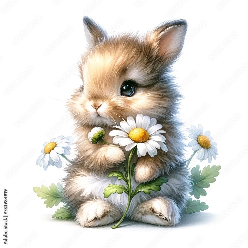 Poster whimsical bunny with flowers illustration created with generative ai technology