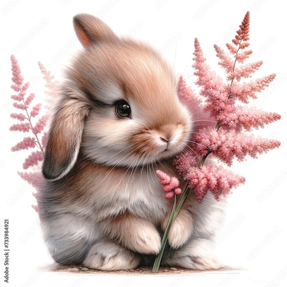 Poster whimsical bunny with flowers illustration created with generative ai technology