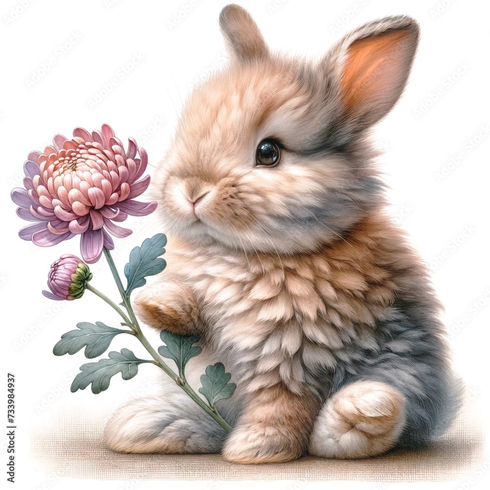 Poster whimsical bunny with flowers illustration created with generative ai technology