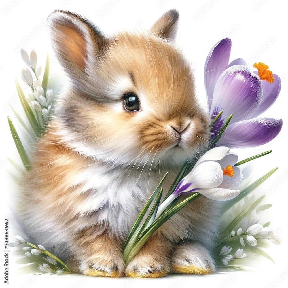 Poster whimsical bunny with flowers illustration created with generative ai technology