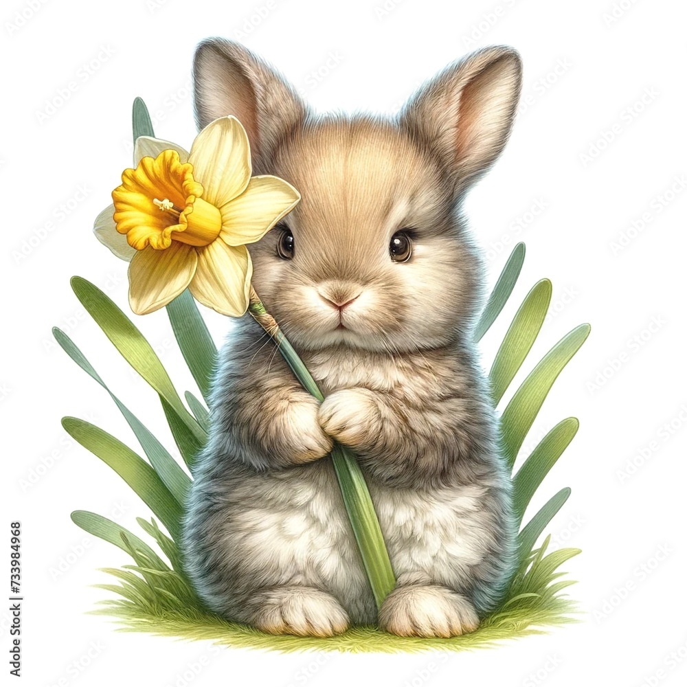 Poster whimsical bunny with flowers illustration created with generative ai technology