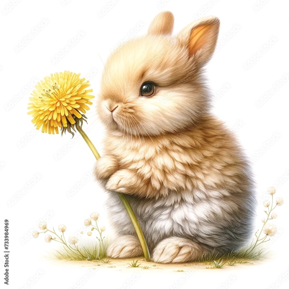 Poster whimsical bunny with flowers illustration created with generative ai technology