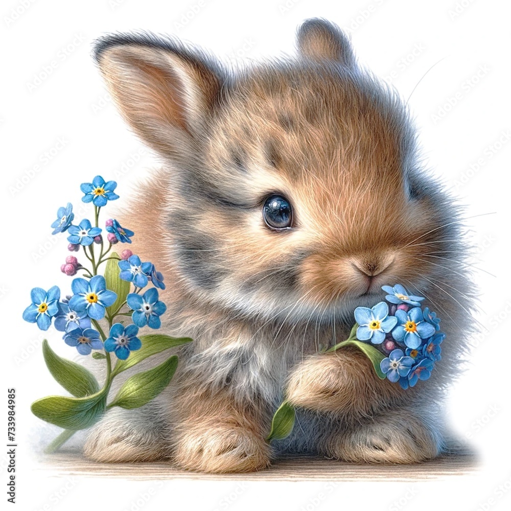 Poster whimsical bunny with flowers illustration created with generative ai technology