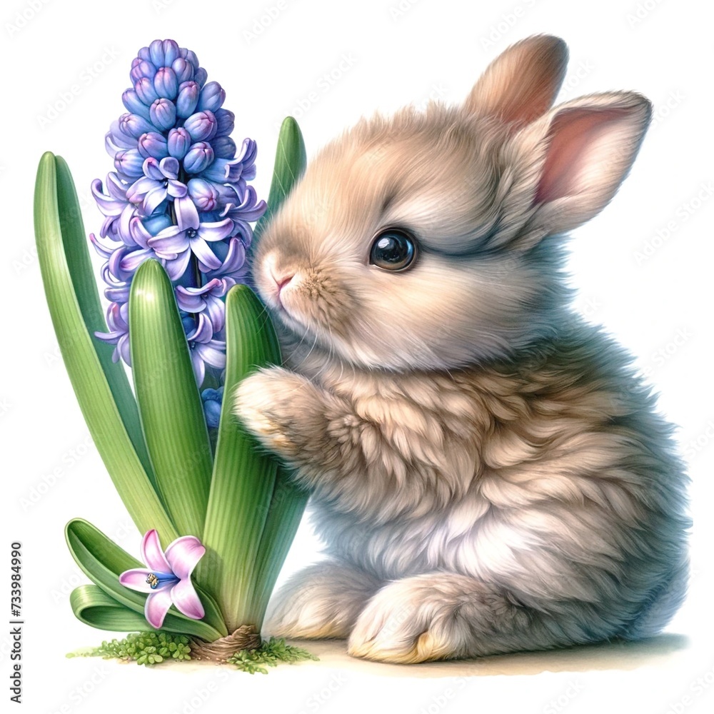 Poster whimsical bunny with flowers illustration created with generative ai technology